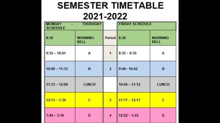 2021-22 Semester timetable